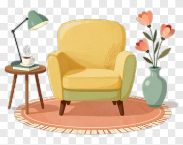 Cozy Living Room With Yellow Armchair And Flowers PNG