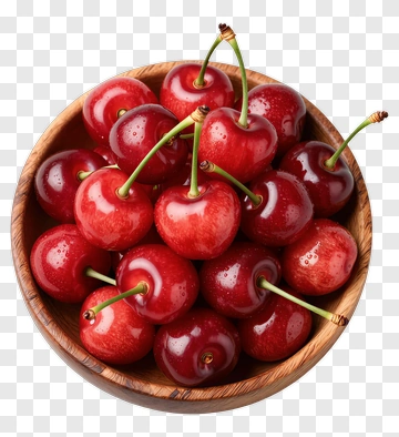 Fresh Red Cherries In A Wooden Bowl PNG