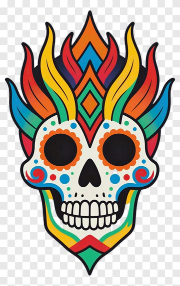 Colorful Sugar Skull With Vibrant Flames PNG
