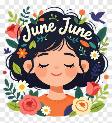 Cartoon Girl With Flowers And June Text PNG