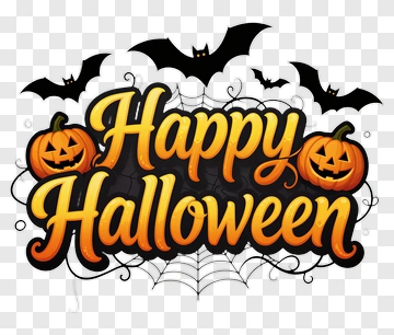 Happy Halloween Sign With Pumpkins And Bats PNG