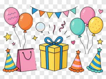 Colorful Birthday Party Elements With Gift Box And Balloons PNG