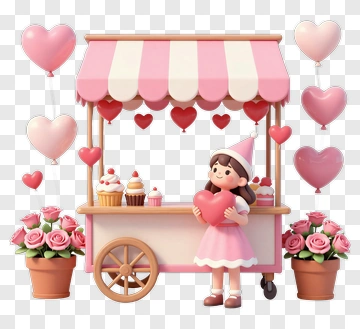 Cartoon Girl Holding A Heart At A Cupcake Stand PNG