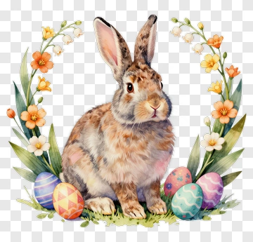 Watercolor Rabbit Surrounded By Easter Eggs And Flowers PNG
