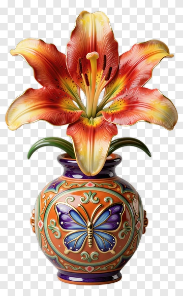 Colorful Lily Flower In Decorative Vase PNG