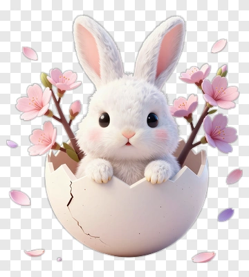 Cute Bunny Emerging From A Cracked Egg With Cherry Blossoms PNG