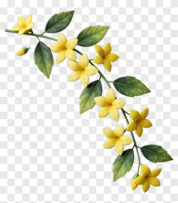 Yellow Flower Branch With Green Leaves PNG