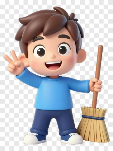 Cartoon Boy Holding A Broom And Smiling PNG