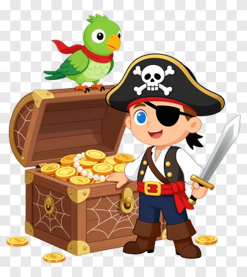 Cartoon Pirate With Treasure Chest And Parrot PNG