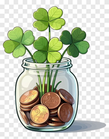 Jar Of Clover Plants And Coins PNG