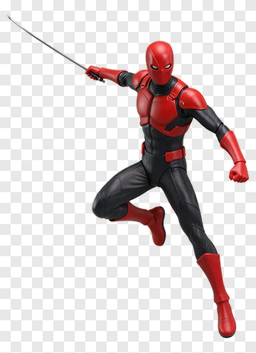 Action Figure Of A Superhero In Red And Black Costume PNG
