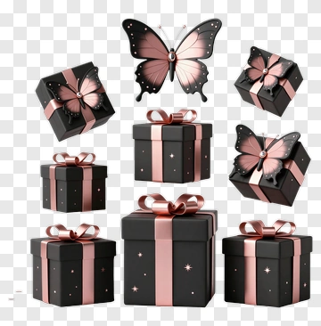 Black Gift Boxes With Pink Ribbons And Butterfly Decorations PNG