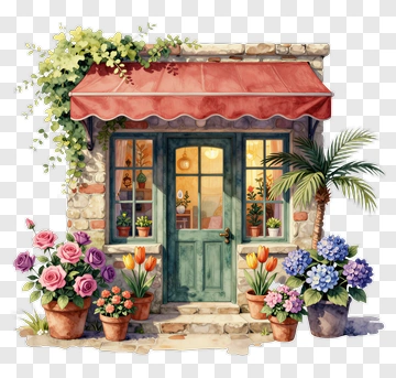 Charming Flower Shop With Colorful Pots PNG