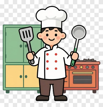 Cartoon Chef Holding Spatula And Spoon PNG
