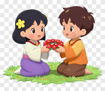 Cartoon Children Holding A Flower Bouquet PNG