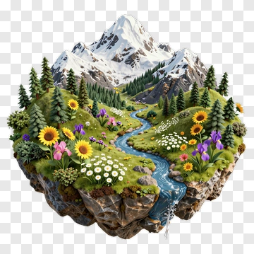 Mountain Landscape With River And Flowers PNG