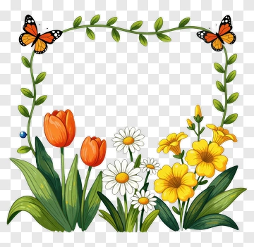Colorful Floral Frame With Butterflies PNG