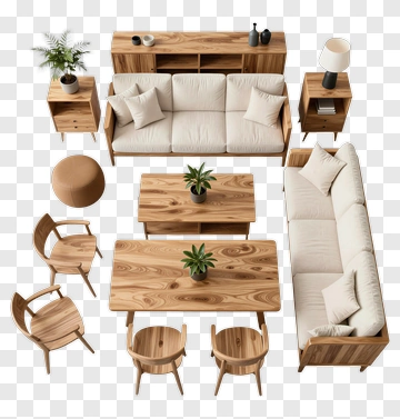 Modern Wooden Furniture Set With Plants PNG