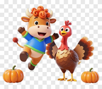Cartoon Cow And Turkey With Pumpkins PNG