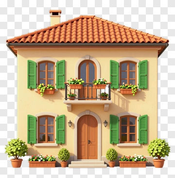 Colorful House With Green Shutters And Flower Pots PNG
