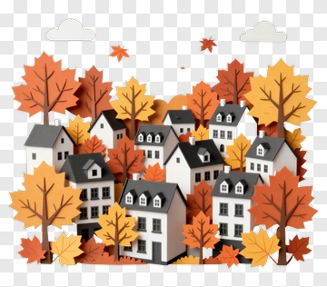 Autumn Village With Paper Houses And Colorful Leaves PNG