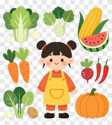 Girl Surrounded By Colorful Vegetables And Fruits PNG