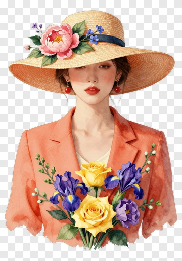 Woman In A Straw Hat Holding A Bouquet Of Flowers PNG