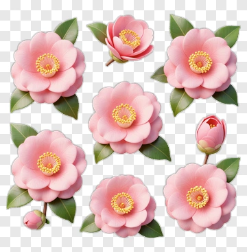 Pink Camellia Flowers With Leaves PNG