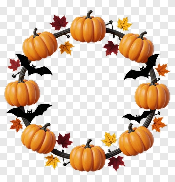 Halloween Pumpkin Wreath With Bats And Leaves PNG