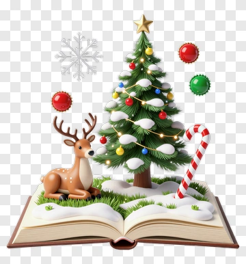 Christmas Tree And Reindeer On An Open Book PNG