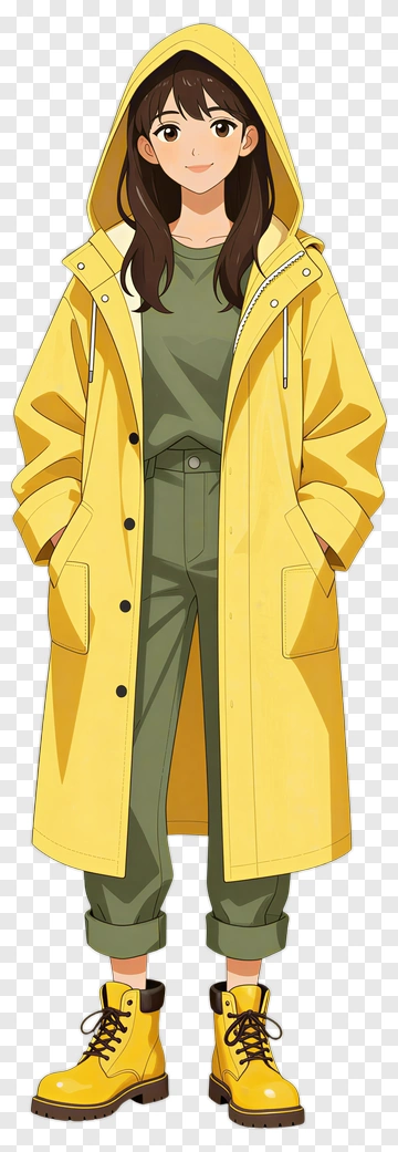 Young Woman In Yellow Raincoat And Boots PNG