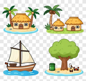 Cartoon Tropical Island Scene With Hut And Sailboat PNG
