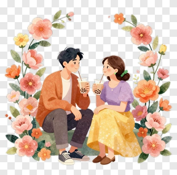 Couple Enjoying Drinks Surrounded By Flowers PNG