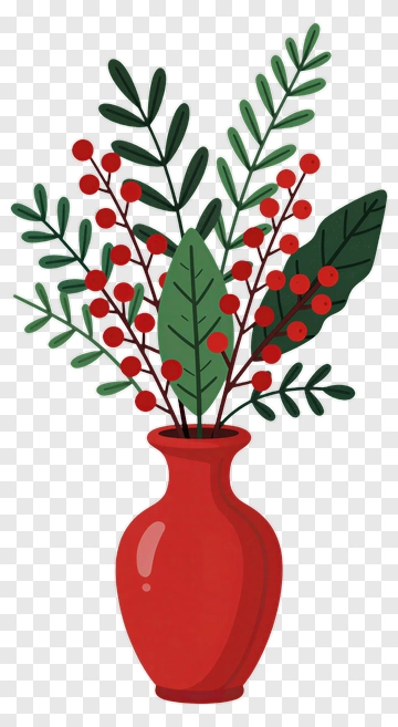 Red Vase With Green Leaves And Red Berries PNG