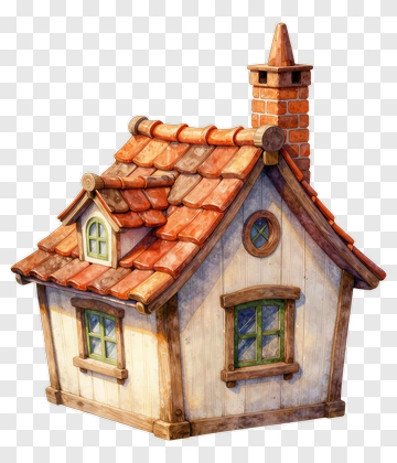 3D Cartoon House With Red Roof And Brick Chimney PNG