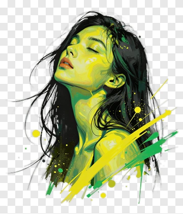 Stylized Portrait Of A Woman With Green And Yellow Accents PNG