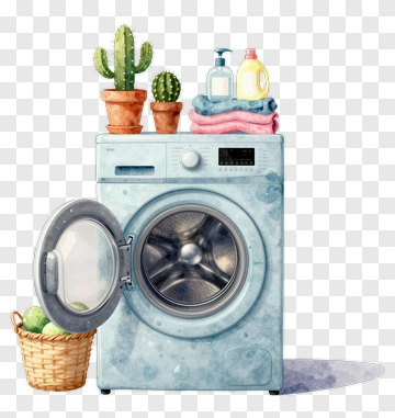 Washing Machine With Laundry Supplies And Cactus PNG