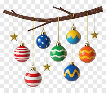 Colorful Christmas Ornaments Hanging From A Branch PNG