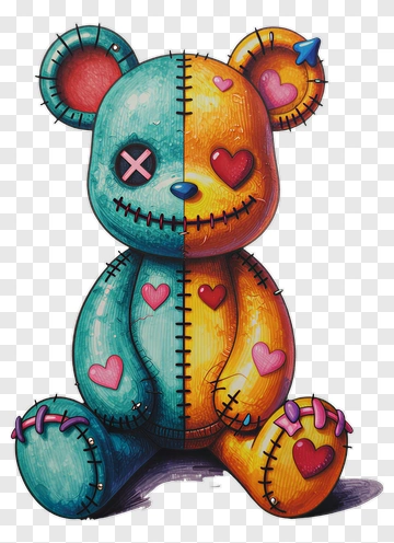 Colorful Teddy Bear With Heart Patches PNG