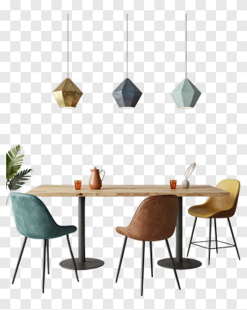 Modern Dining Table With Colorful Chairs And Pendant Lights PNG
