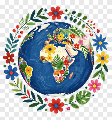 Colorful Earth Surrounded By Floral Elements PNG