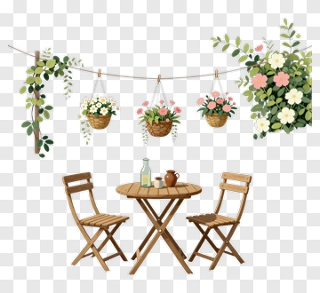 Cozy Outdoor Dining Table With Flower Baskets PNG