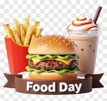 Food Day Celebration With Burger, Fries, And Milkshake PNG