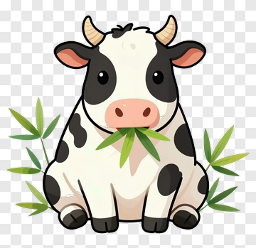 Cartoon Cow Sitting With Bamboo PNG