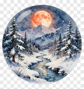 Winter Landscape With Moonlit Mountains And River PNG