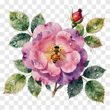 Watercolor Rose With Bee And Leaves PNG