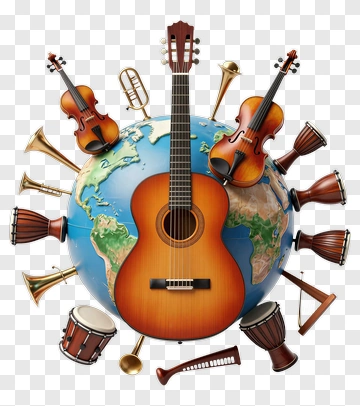 Guitar Surrounded By Musical Instruments On Earth PNG