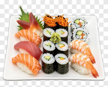 Sushi Platter With Salmon, Shrimp, And Vegetables PNG