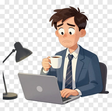 Cartoon Businessman Drinking Coffee While Working On Laptop PNG