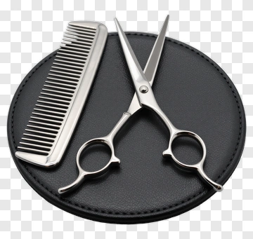 Hairdressing Scissors And Comb On Black Leather PNG